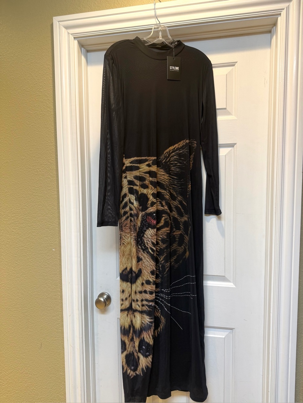 StyleWe Elegant Tiger Print Stand Collar Maxi Dress L Black Mesh Bodycon NWT